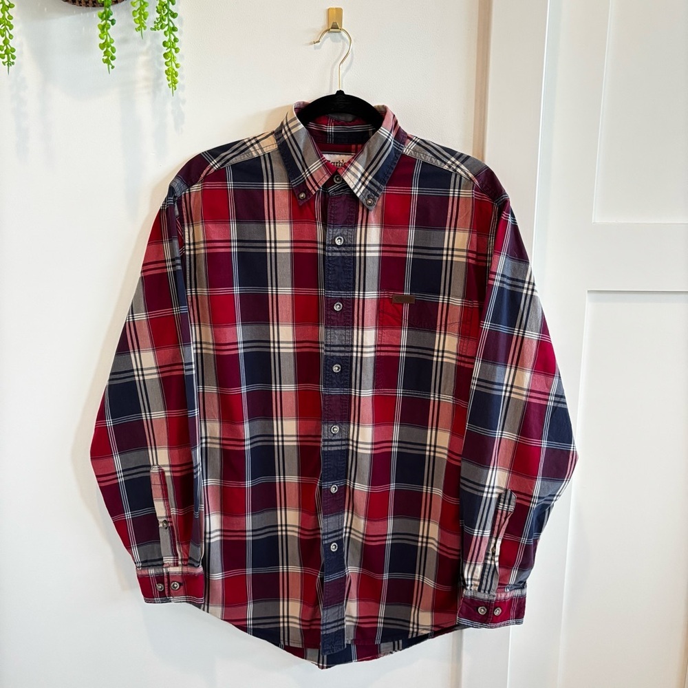 Carhartt 100% Cotton Blue Red Plaid Long Sleeve Button Down Men's Shirt Size M